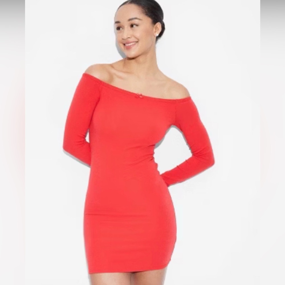 Off-Shoulder Long Sleeve Red Bodycon Dress